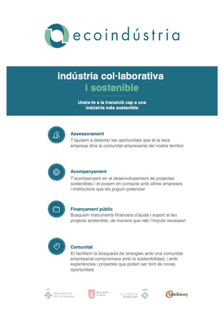 Cartel del proyecto Ecoindústria sobre industria colaborativa y sostenible en el Delta del Llobregat, con servicios de asesoramiento, acompañamiento, financiación pública y comunidad empresarial, impulsado por ayuntamientos locales.